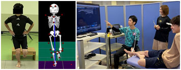 三次元動作解析による着地動作（左）と超音波画像による足関節構造（右）の「見える化」