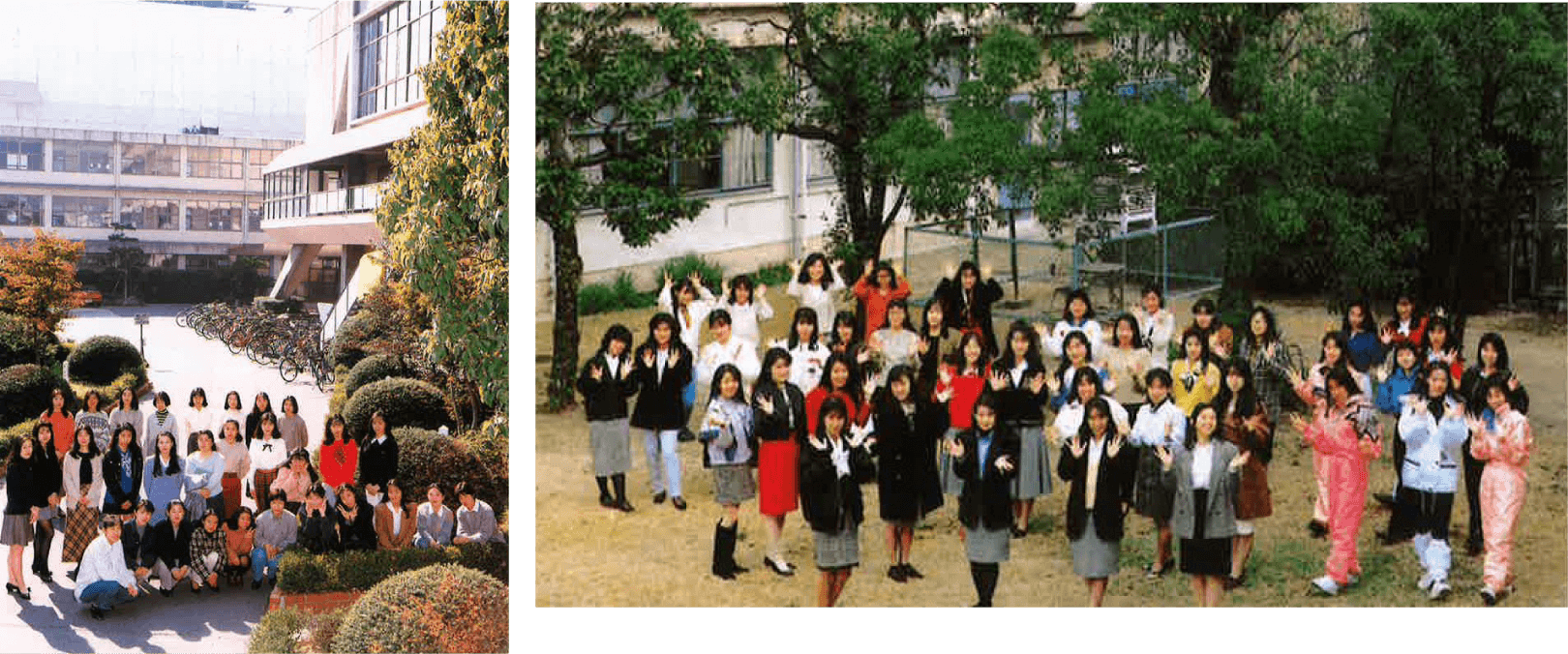 新校舎工事をバックに1994年，小春日和　児童学科1990年