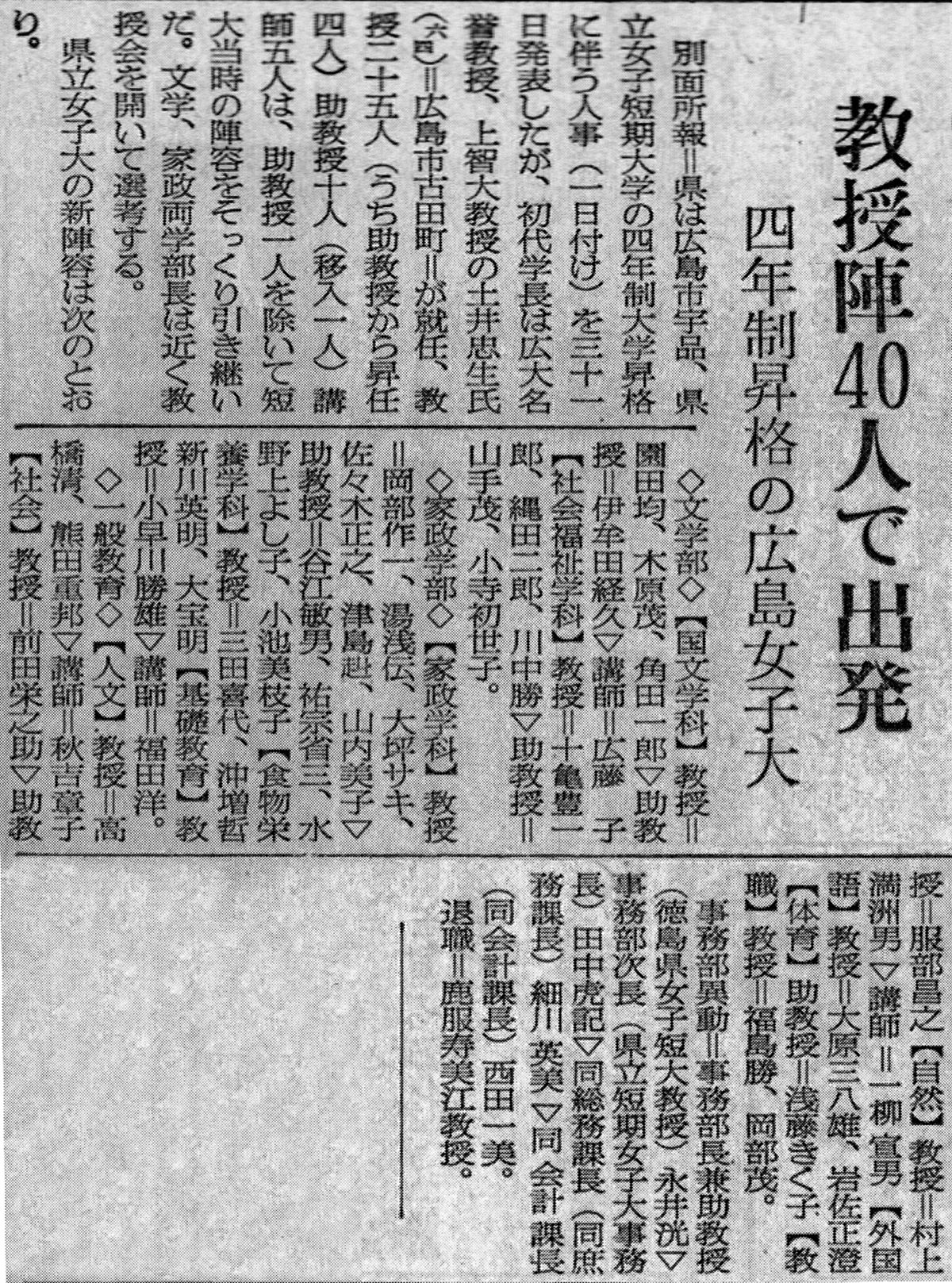 女子大発足の陣容　中国新聞　昭和40年（1965）4月1日