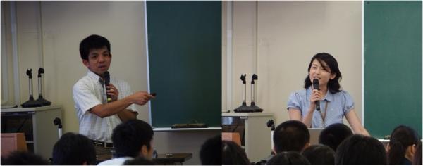 （左）模擬講義を行う冨田准教授（右）模擬講義を行う折本講師